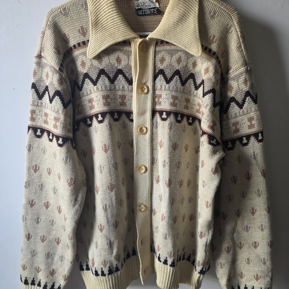 Vintage 80s Virgin Wool Cardigan Sweater Made in Canada Fair Isle Pattern L / XL